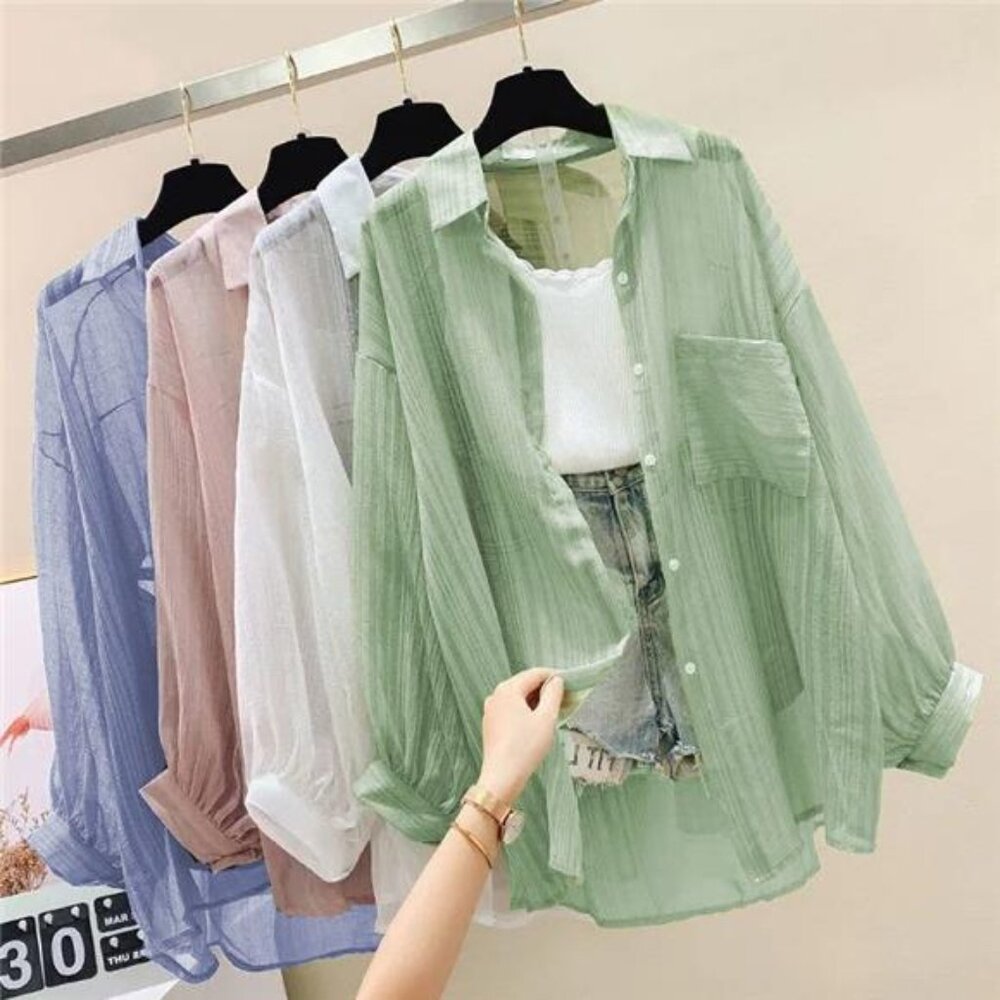 Summer Sunscreen Shirt Elegant Perspective Thin Chiffon Blouse Korean Harajuku